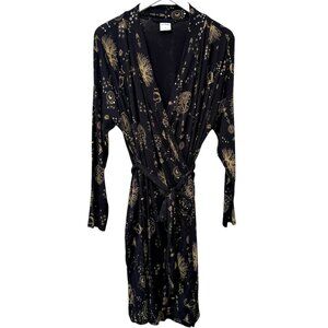 SOMA Cool Nights Robe Large Black Gold Celestial Moon Stars Stretch Bathrobe